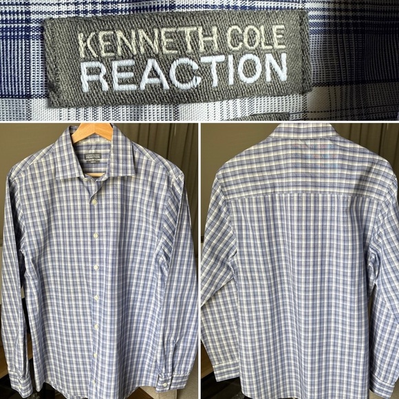 Kenneth Cole Reaction Men’s L/S Slim Fit Blue Plaid Button Down Size 15.5, 32/33 - Picture 1 of 9